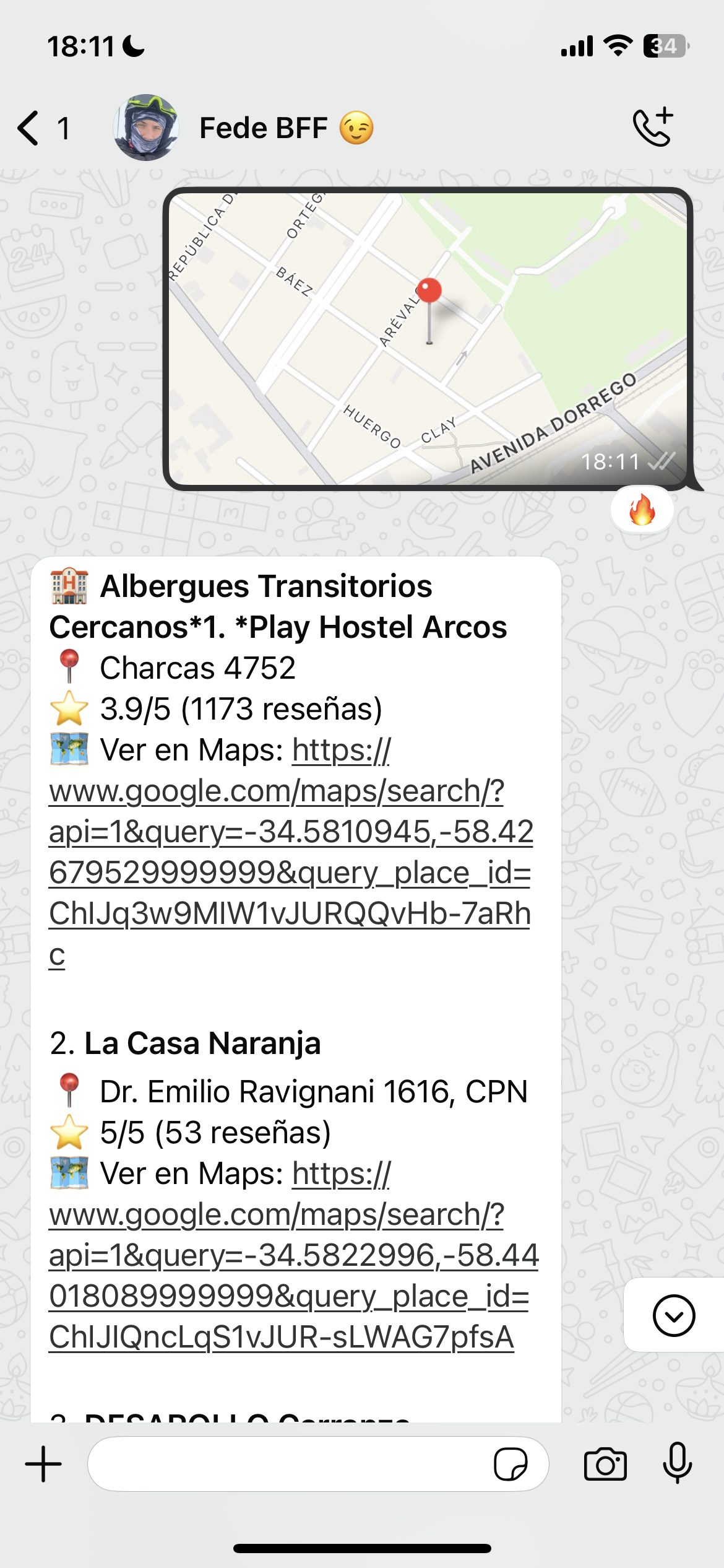 TeloBusco WhatsApp bot showing hotel results with map and ratings